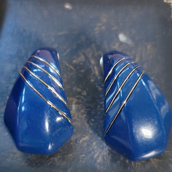 Chic Cobalt Blue Pierced Earrings with Gold Stripes - Picture 1 of 10